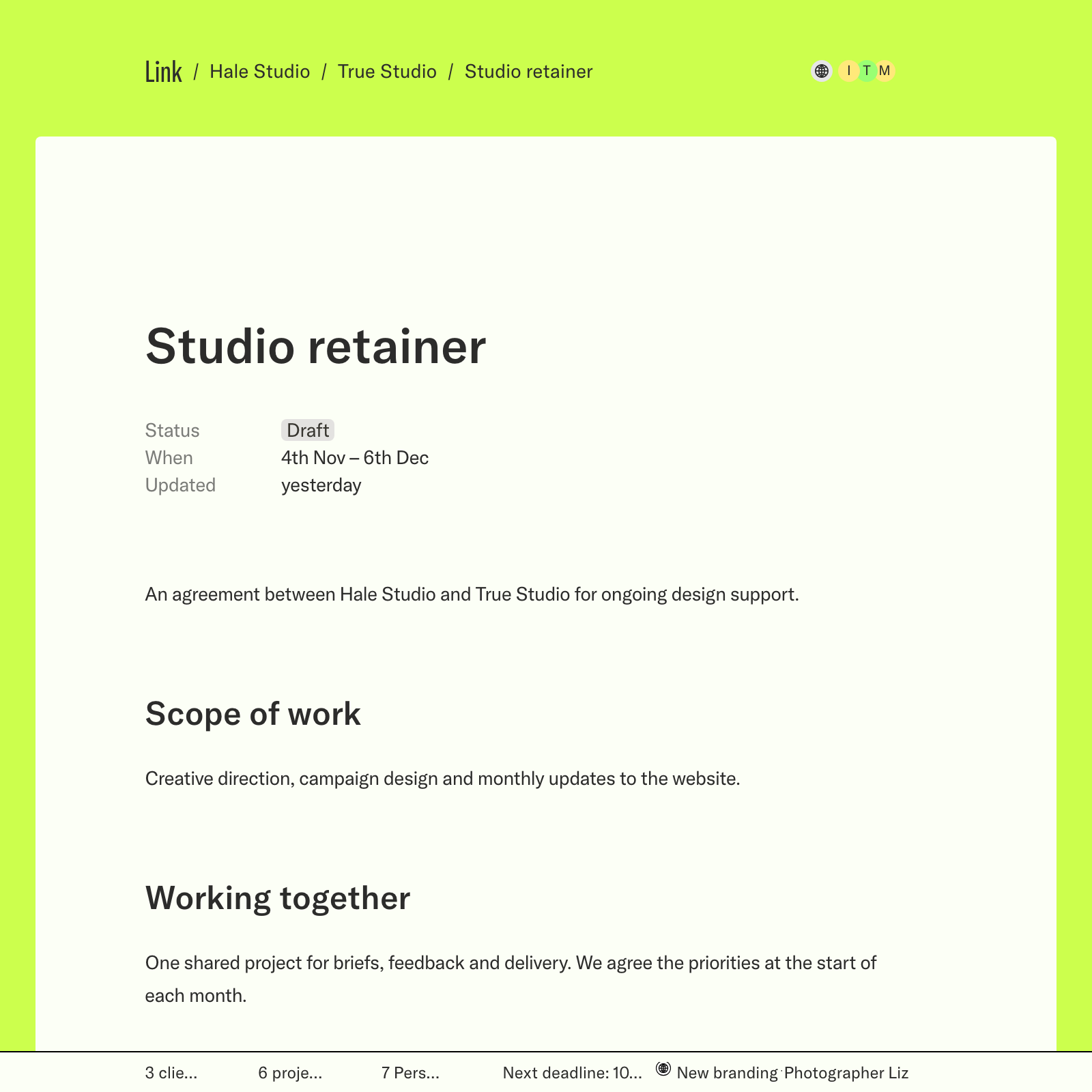 Studio retainer page showing the scope and working agreement