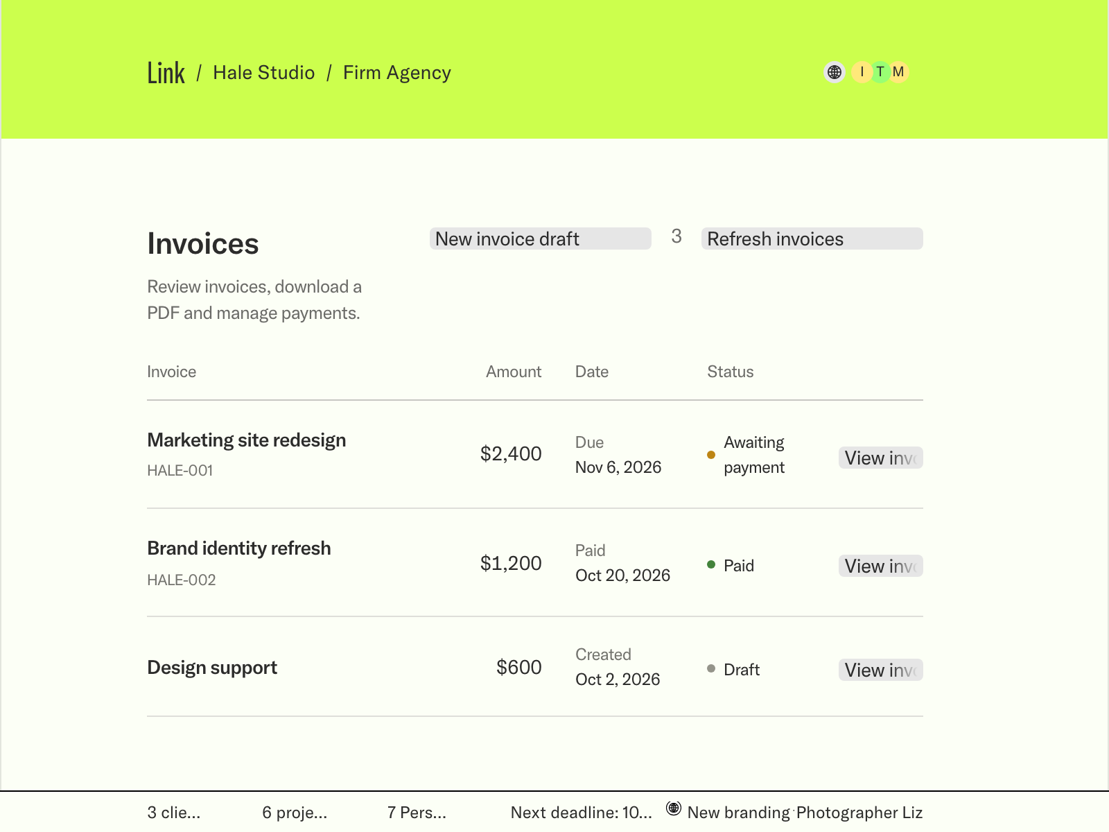 Client invoice list with payment statuses and due dates