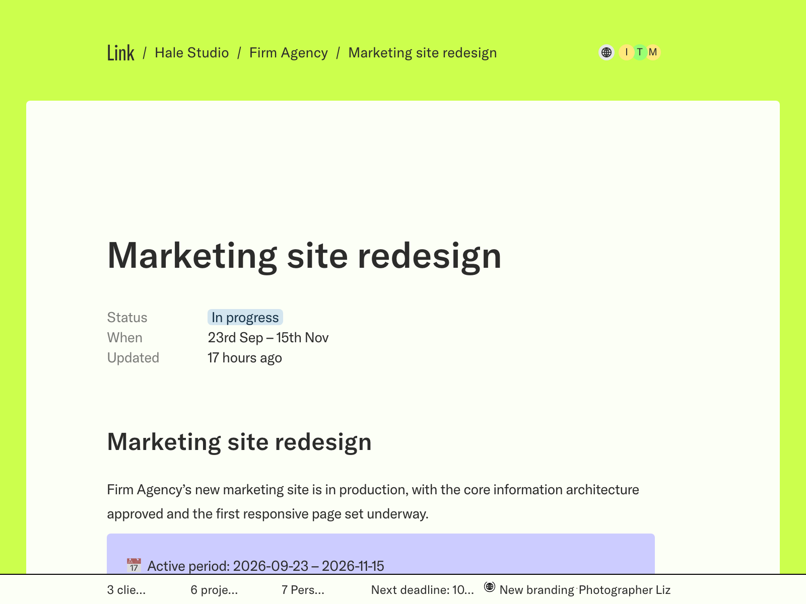 Marketing site redesign, with its brief, dates and status
